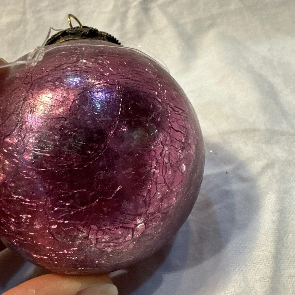 Antique GERMAN KUGEL Ornament Bulb HEAVY Pink Crackle Mercury Glass Brass Cap 3